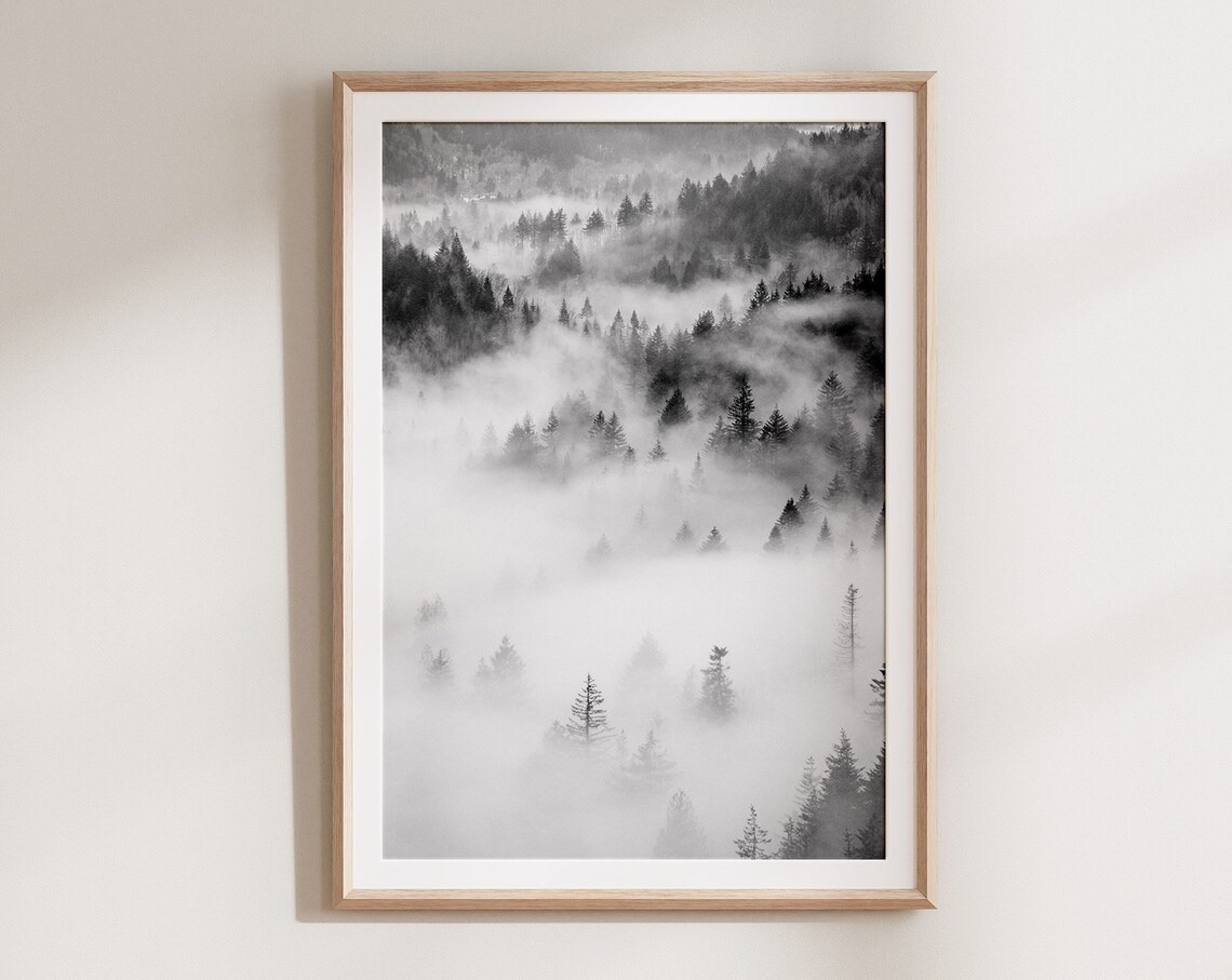 Foggy Forest Nordic Landscape, Black And White Art Print