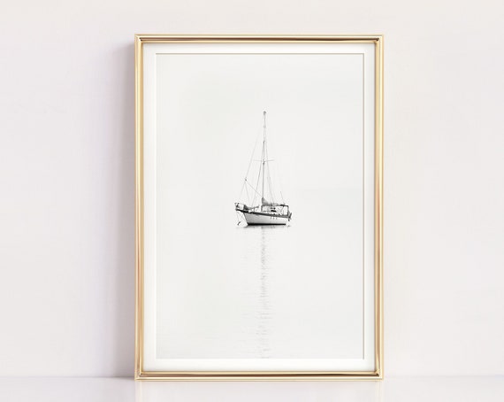 Sailboat Black and White Minimalist Wall Art Print
