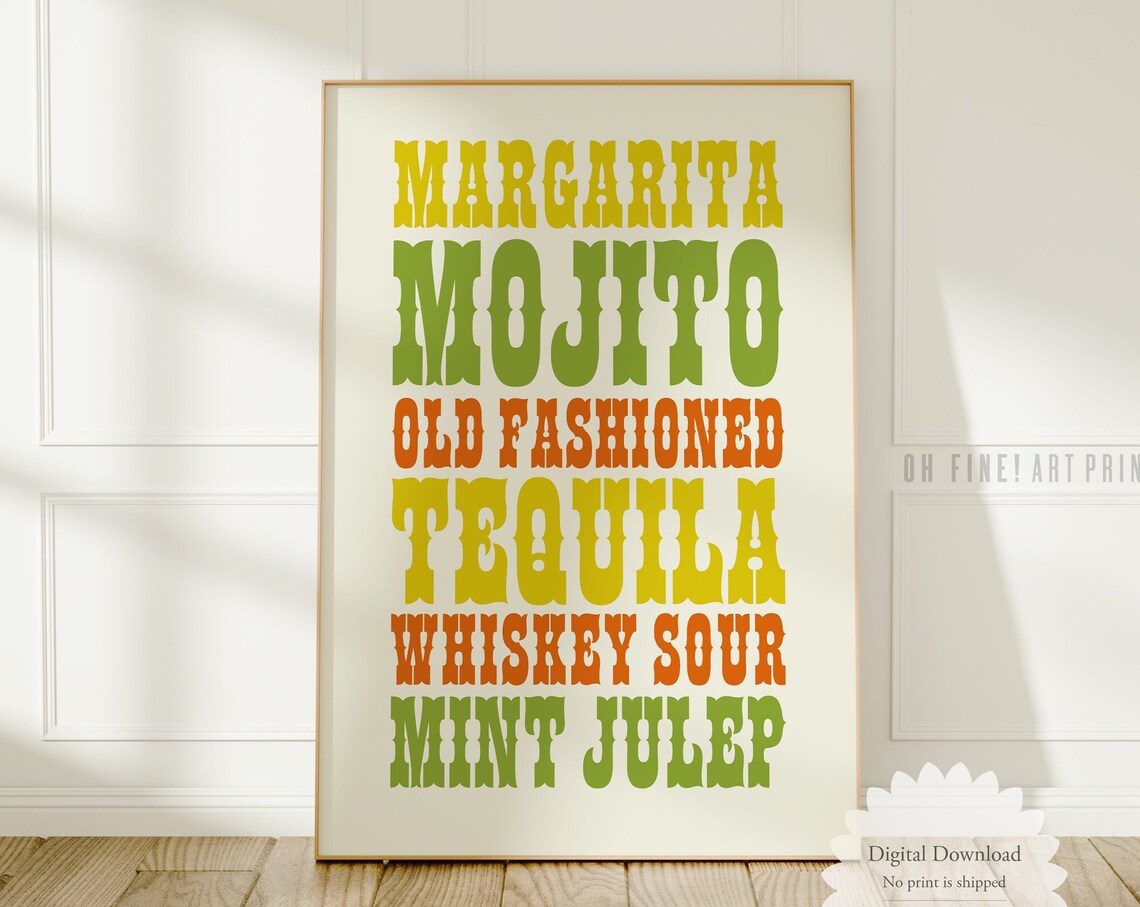Western Cocktails Retro Bar Cart Recipe Illustrations Cowboy Wall Art Print