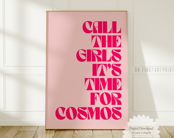 Time For Cosmos Retro Bar Cart Print Pink Aesthetic Wall Art Trendy Dorm Room Decor