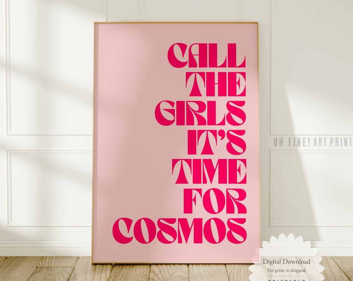 Time For Cosmos Retro Bar Cart Print Pink Aesthetic Wall Art Trendy Dorm Room Decor