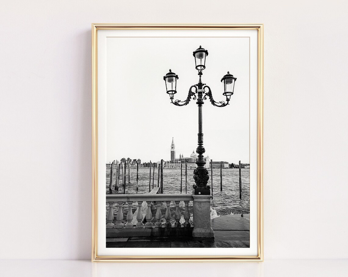 Venice Italy Canal Ornate Lamppost Black and White Travel Photo Poster