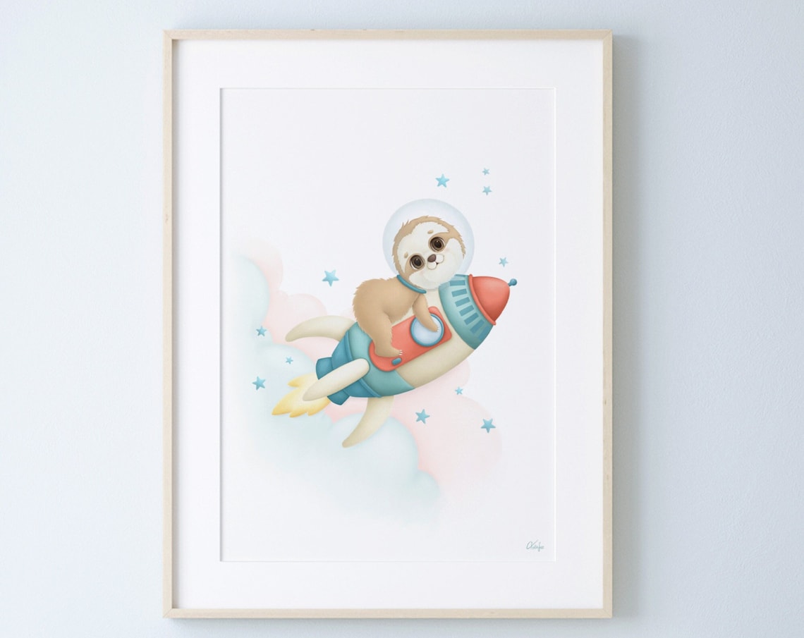Rocket Sloth Nursery Art Print, Space Decor