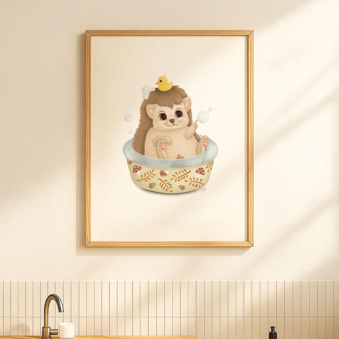 Bathing Hedgehog Tub Rubber Duck Cute Nursery Bathroom Decor Poster