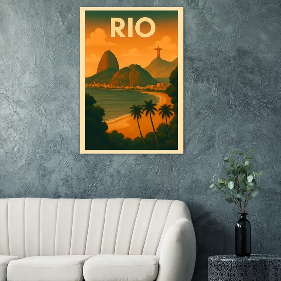 Rio de Janeiro Vintage Travel Poster Sugarloaf Christ Redeemer Beach Sunset