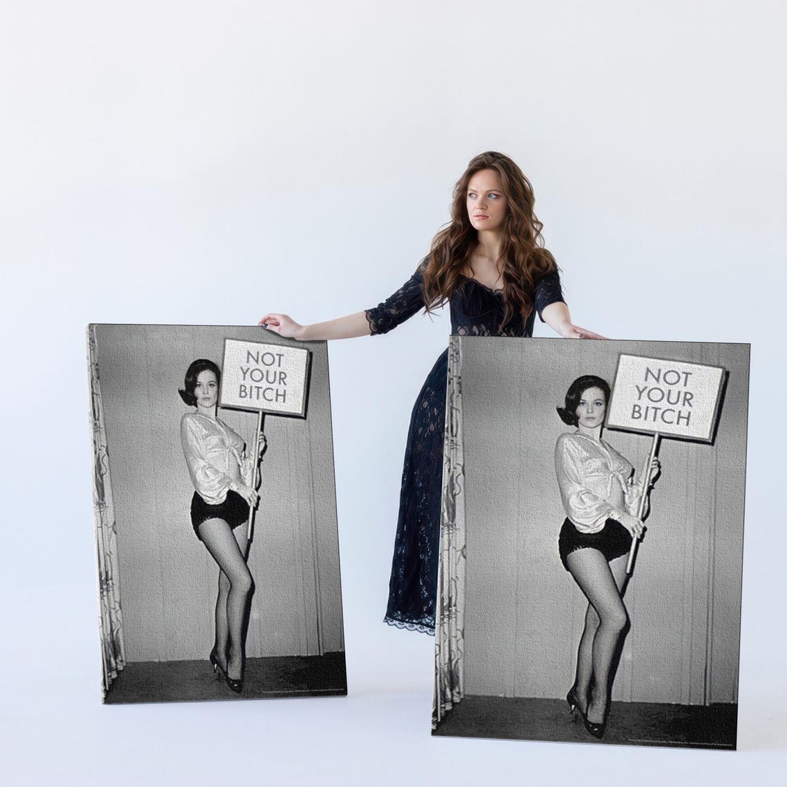 Vintage Pinup Woman Holding Not Your Bitch Protest Sign Poster - Image 5