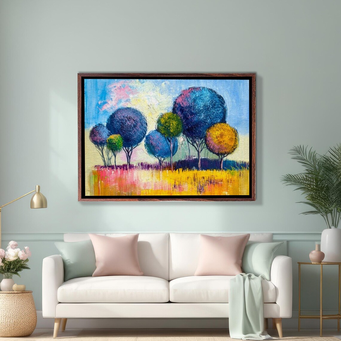 Abstract Round Blue Trees Over a Golden Field Painting Poster