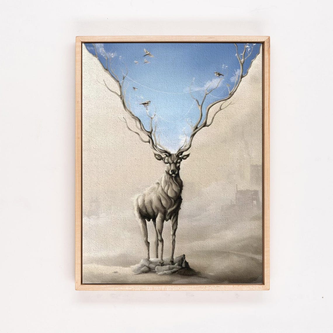 Surreal Deer with Antlers Dissolving into Birds and Blue Sky Poster - Image 4