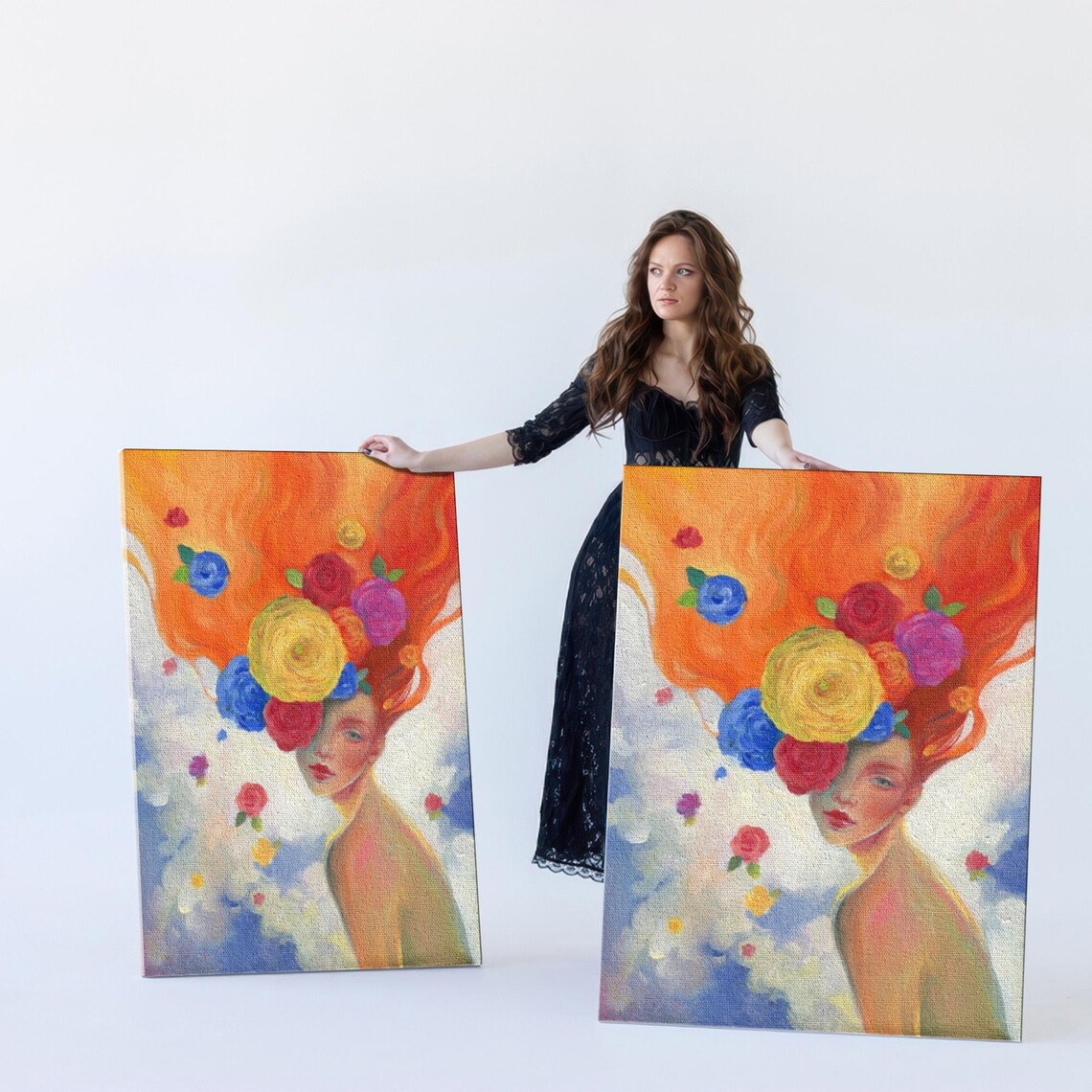 Woman With Fiery Red Hair And Colorful Blooming Flower Crown Poster - Image 5