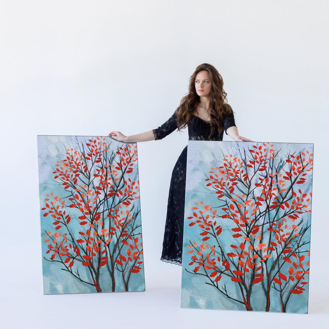 Crimson Red Autumn Leaves Tree Against a Pale Blue Sky Poster - Image 5