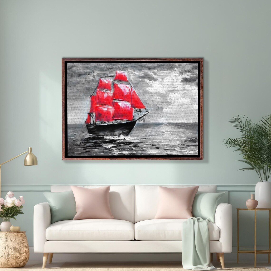 Tall Ship with Vivid Red Sails on Gray Stormy Sea Painting Poster