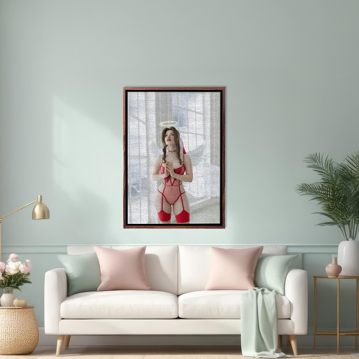 Angel Woman with Halo in Red Lingerie Dark Fantasy Art Poster