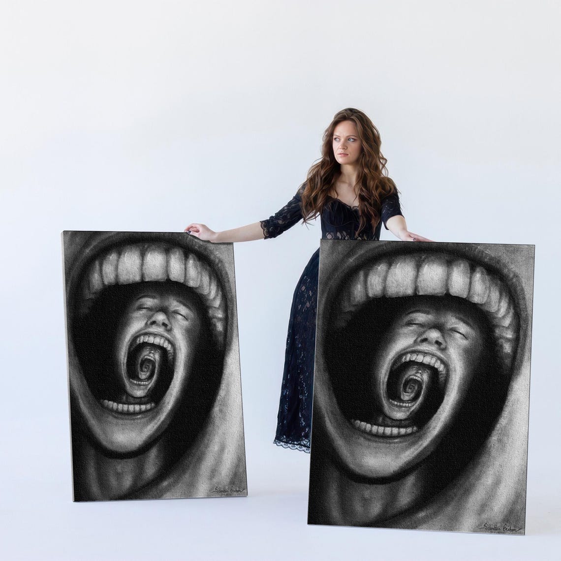 Surreal Black and White Screaming Mouth Inception Art Poster - Image 5
