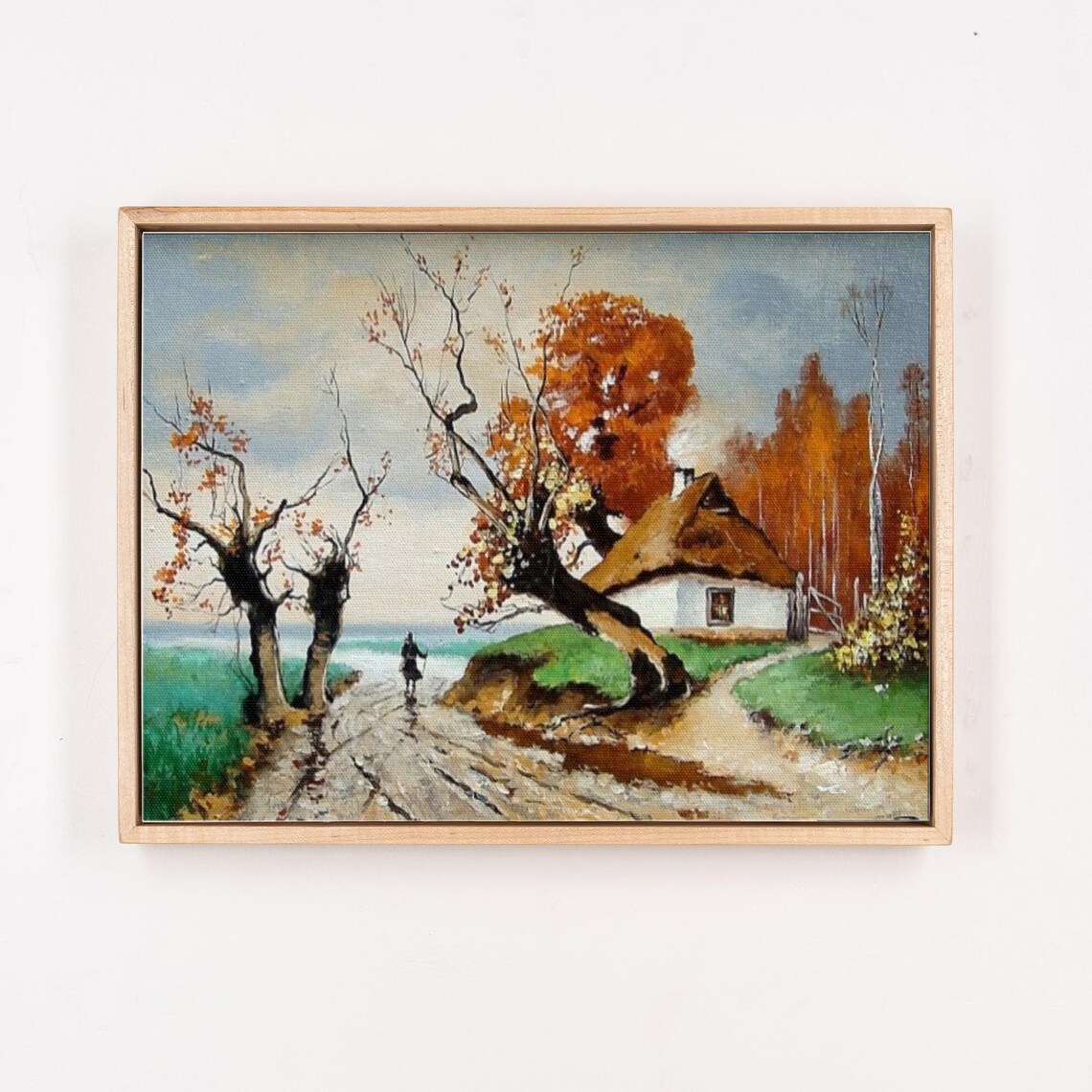 Autumn Village Road Golden Trees White Cottage Landscape Poster - Image 4