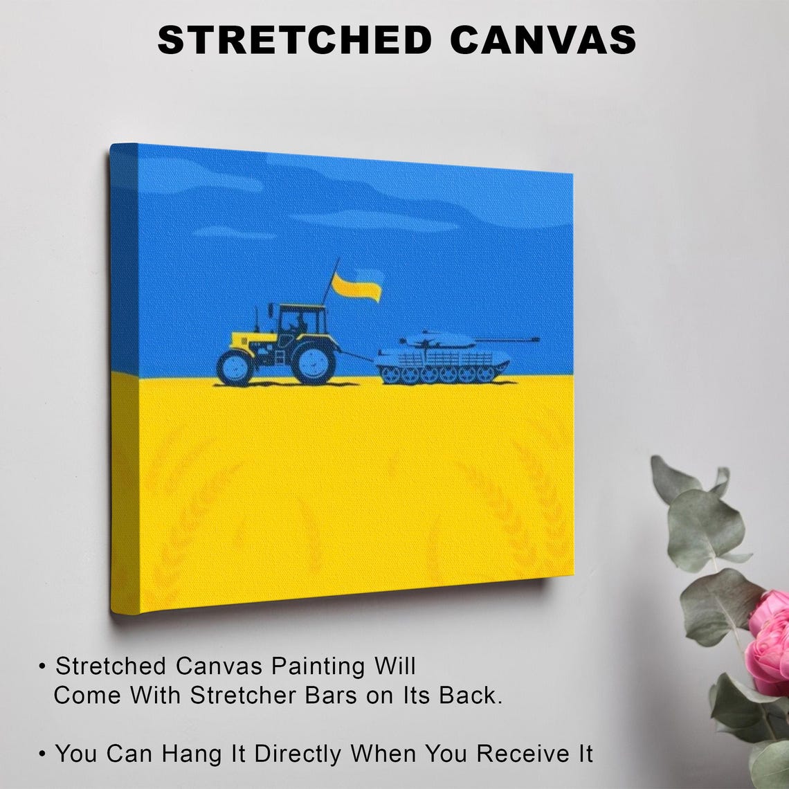 Yellow Tractor Towing Tank Ukrainian Flag Colors Graphic Art Poster - Image 3