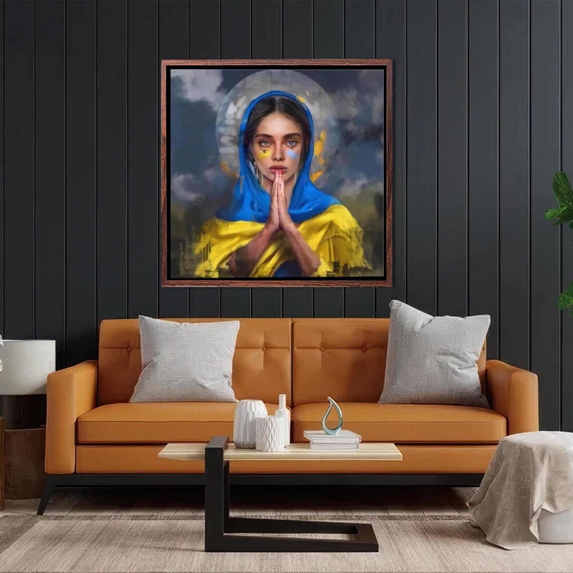 Praying Woman in Blue and Yellow Wrapped in Faith Portrait Poster - Image 2