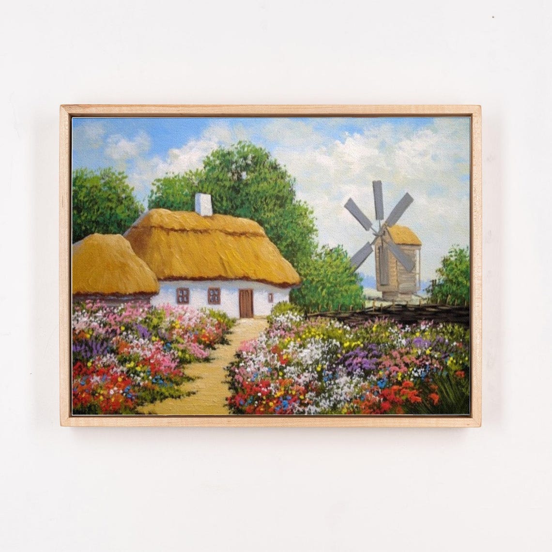 Thatched Cottage With Windmill And Flower Garden Painting Poster - Image 4