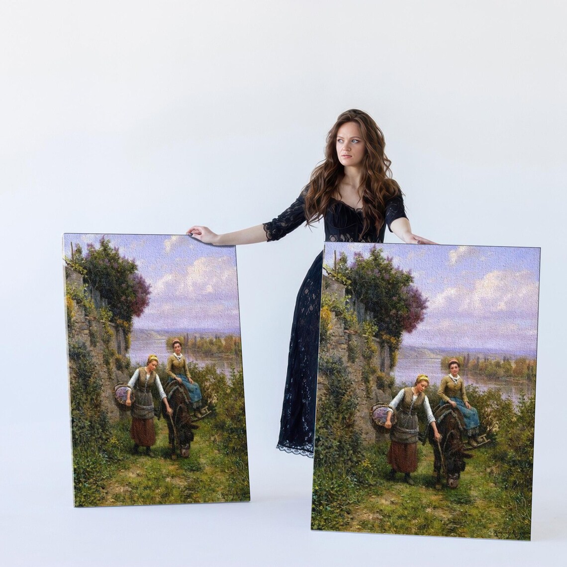 Two Village Girls Leading a Donkey Along the Creek Path Poster - Image 5