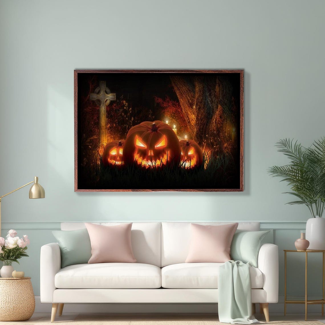 Scary Jack-O-Lanterns In Dark Graveyard At Night Halloween Poster