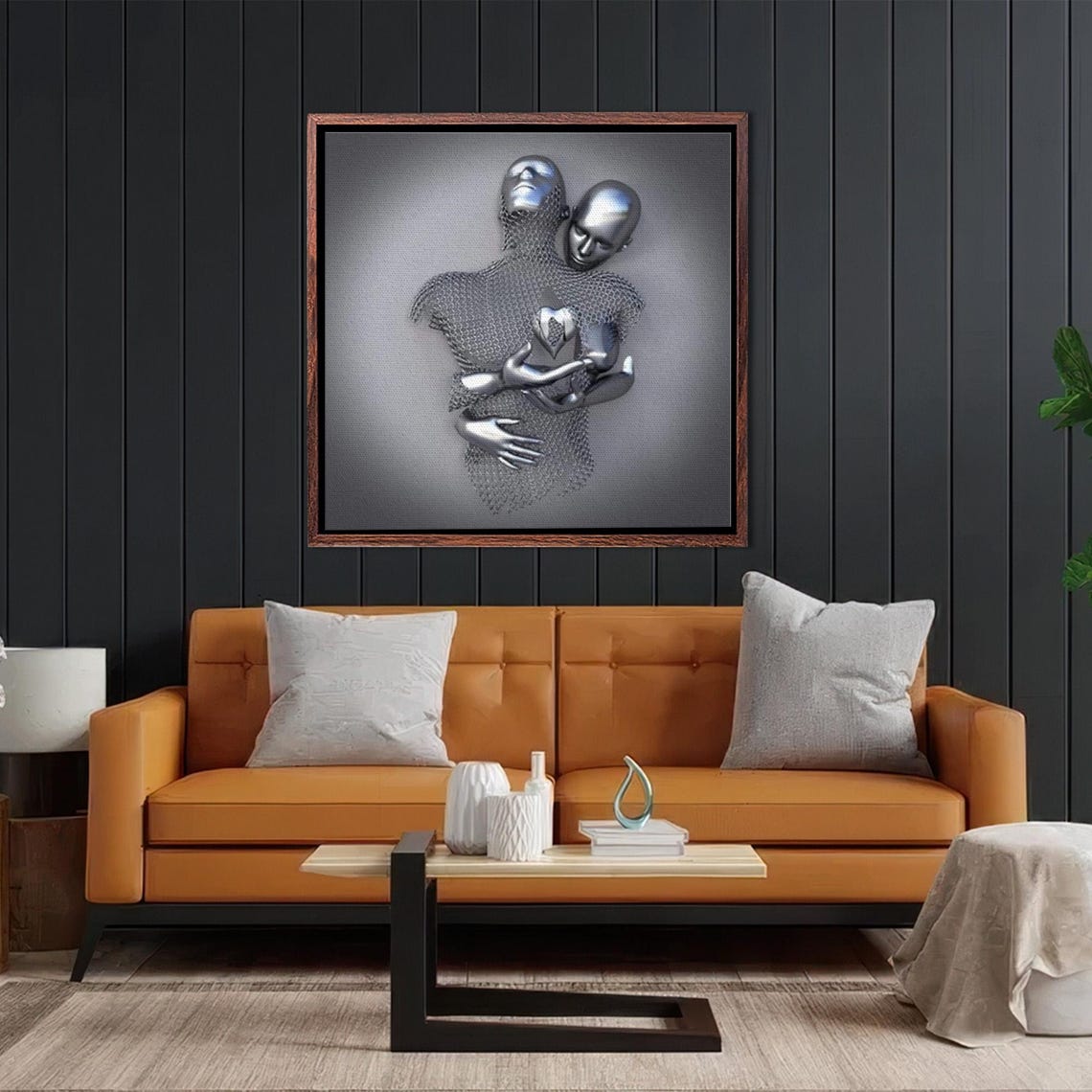 Silver 3D Metallic Couple Embracing With Heart Love Sculpture Poster - Image 2