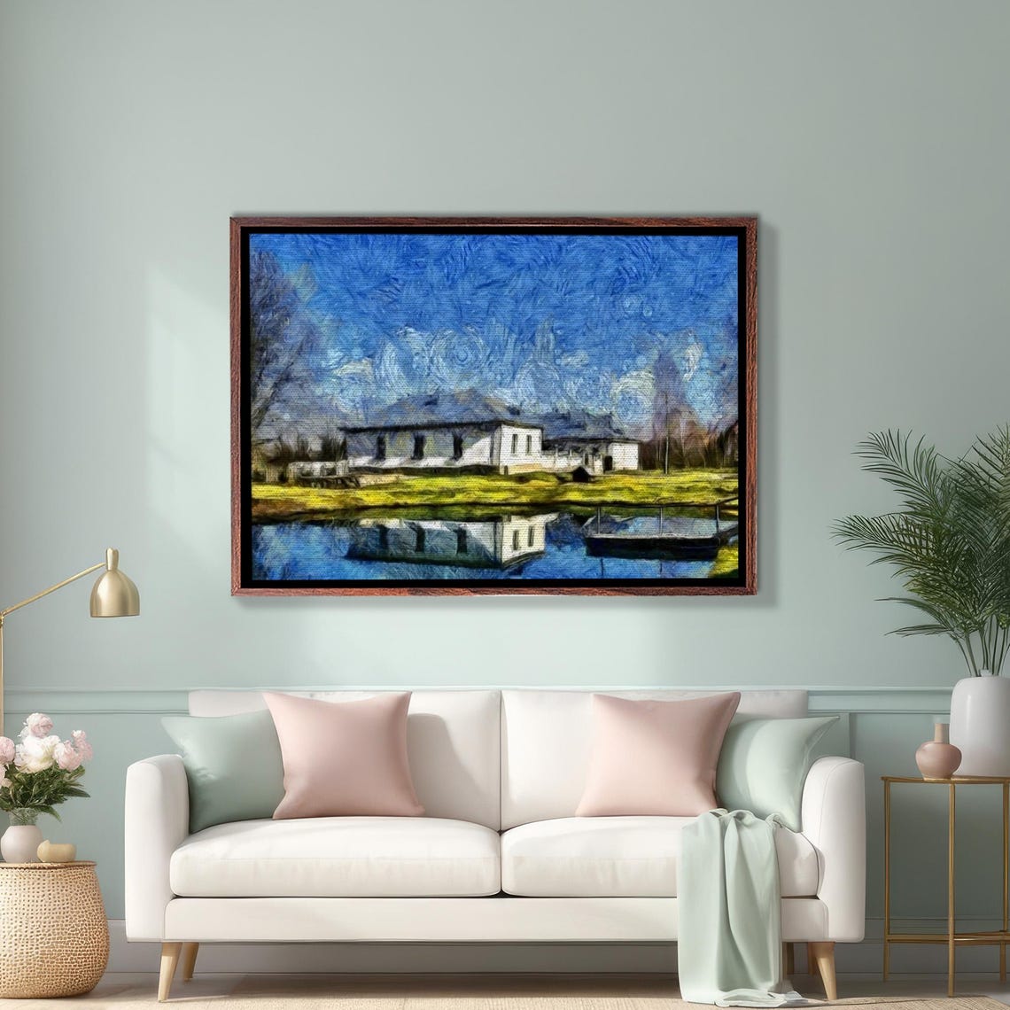 White House By The Lake With Rowboat Impressionist Art Poster