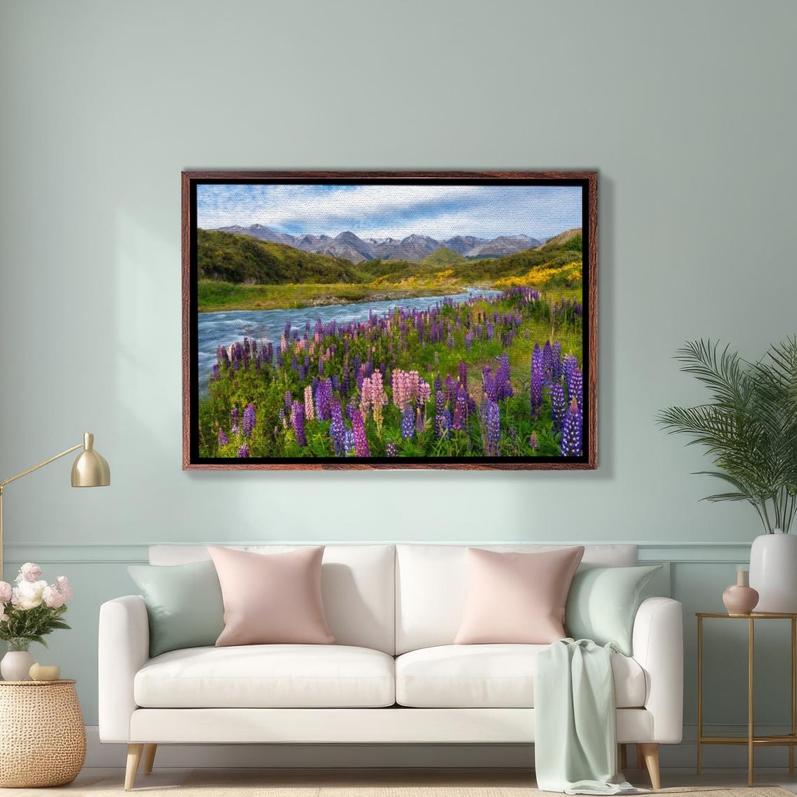 Purple Lupine Flowers Along Mountain River Valley Landscape Poster