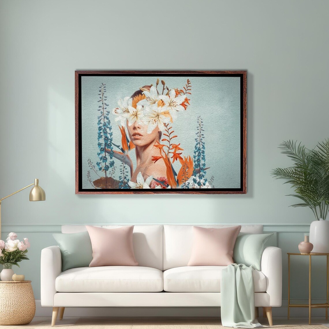 Surreal Woman Portrait Hidden Behind White Lily Flowers Poster