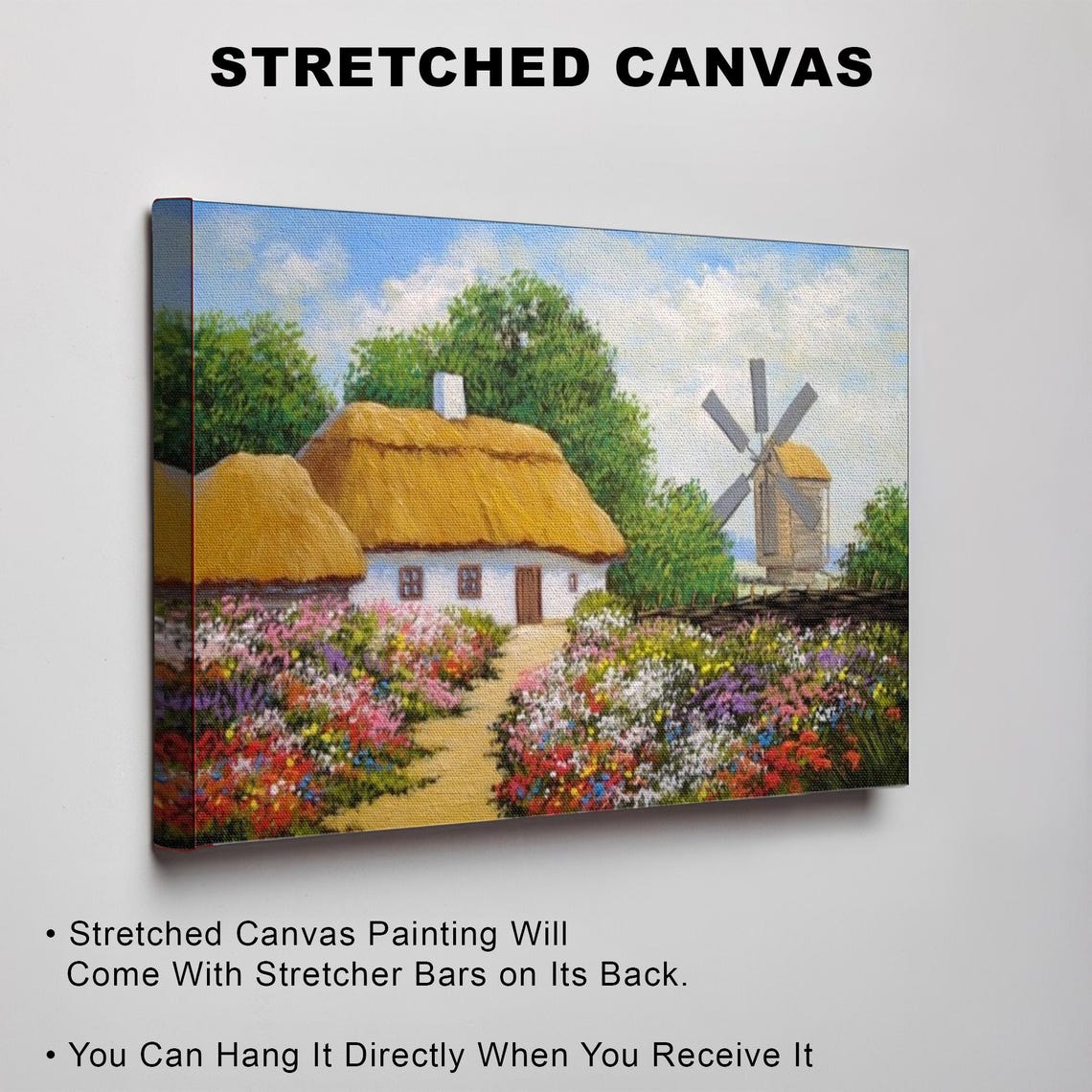 Thatched Cottage With Windmill And Flower Garden Painting Poster - Image 3