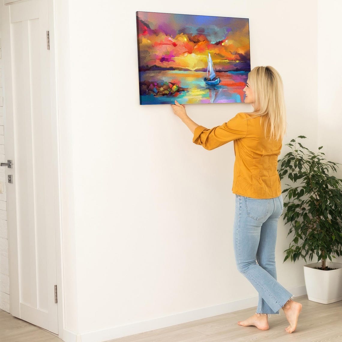 Sailboat on a Colorful Sunset Ocean Abstract Painting Poster - Image 5