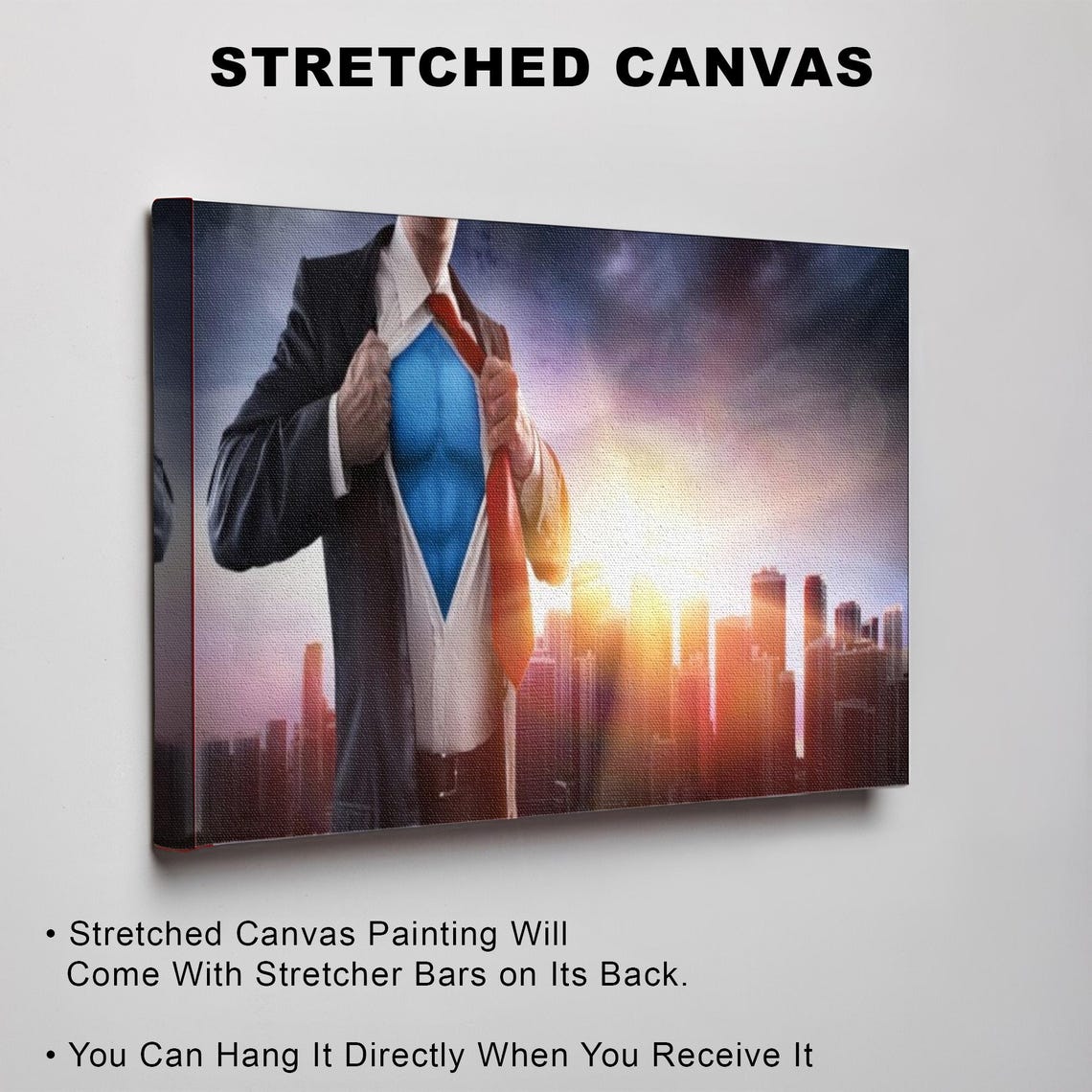 Businessman Revealing Blue Superhero Suit Over City Skyline Poster - Image 3