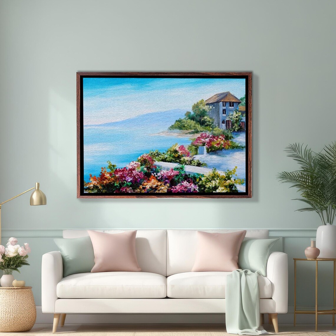 Seaside Stone House Among Vibrant Bougainvillea Flowers Poster