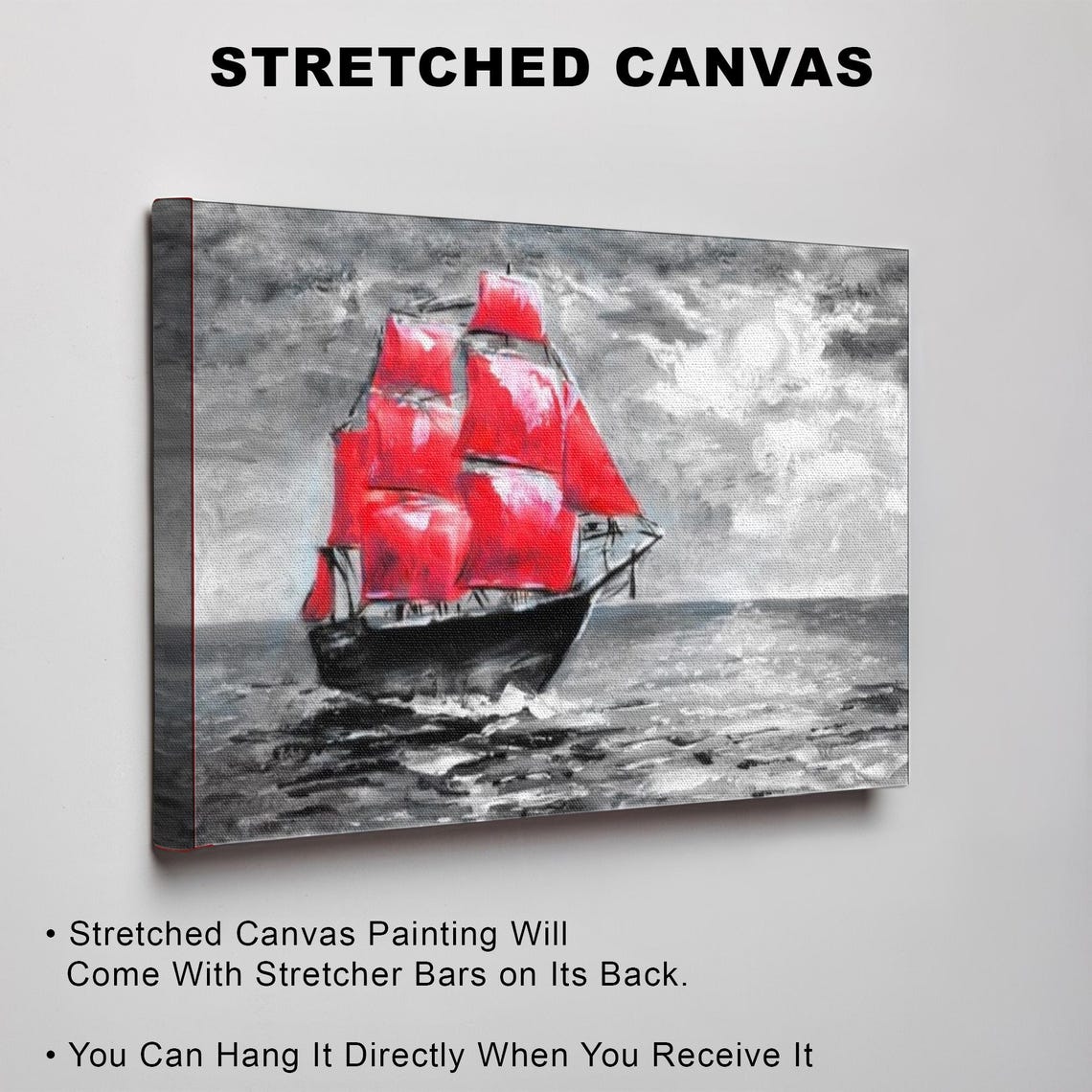 Tall Ship with Vivid Red Sails on Gray Stormy Sea Painting Poster - Image 3