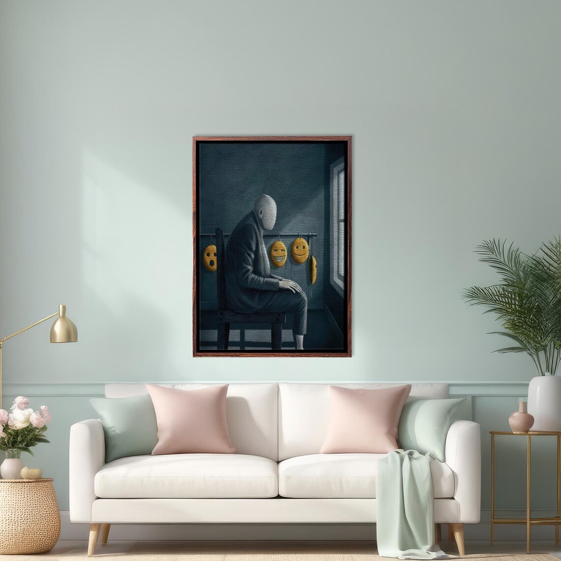 Faceless Man With Emoji Smile Masks Surreal Psychology Art Poster