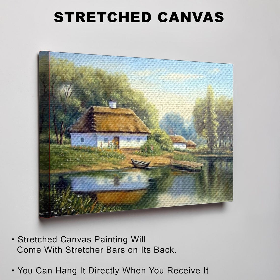 Lake View Village House Oil Painting Look Decorative Wall Art Landscape Wall Table Nature Art Nature Decor - Image 3