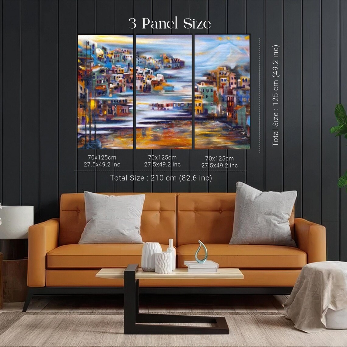Vibrant Coastal Village Below Volcano Abstract Painting Poster - Image 2