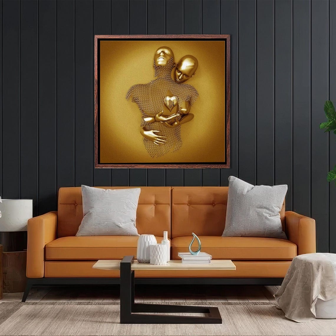 Gold 3D Effect Embracing Couple Romantic Surreal Metallic Art Poster - Image 2