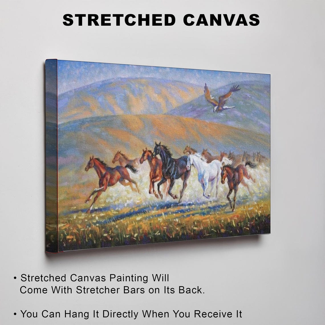 Galloping Wild Horses With Soaring Eagle At Sunset Painting Poster - Image 3