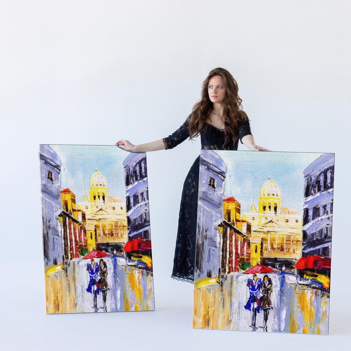 Italy Old Town Street Couple With Red Umbrella Oil Painting Poster - Image 5