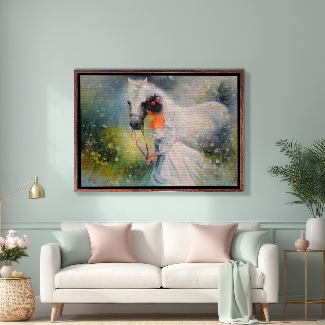 Girl with Flower Crown Embracing a White Horse Meadow Painting Poster