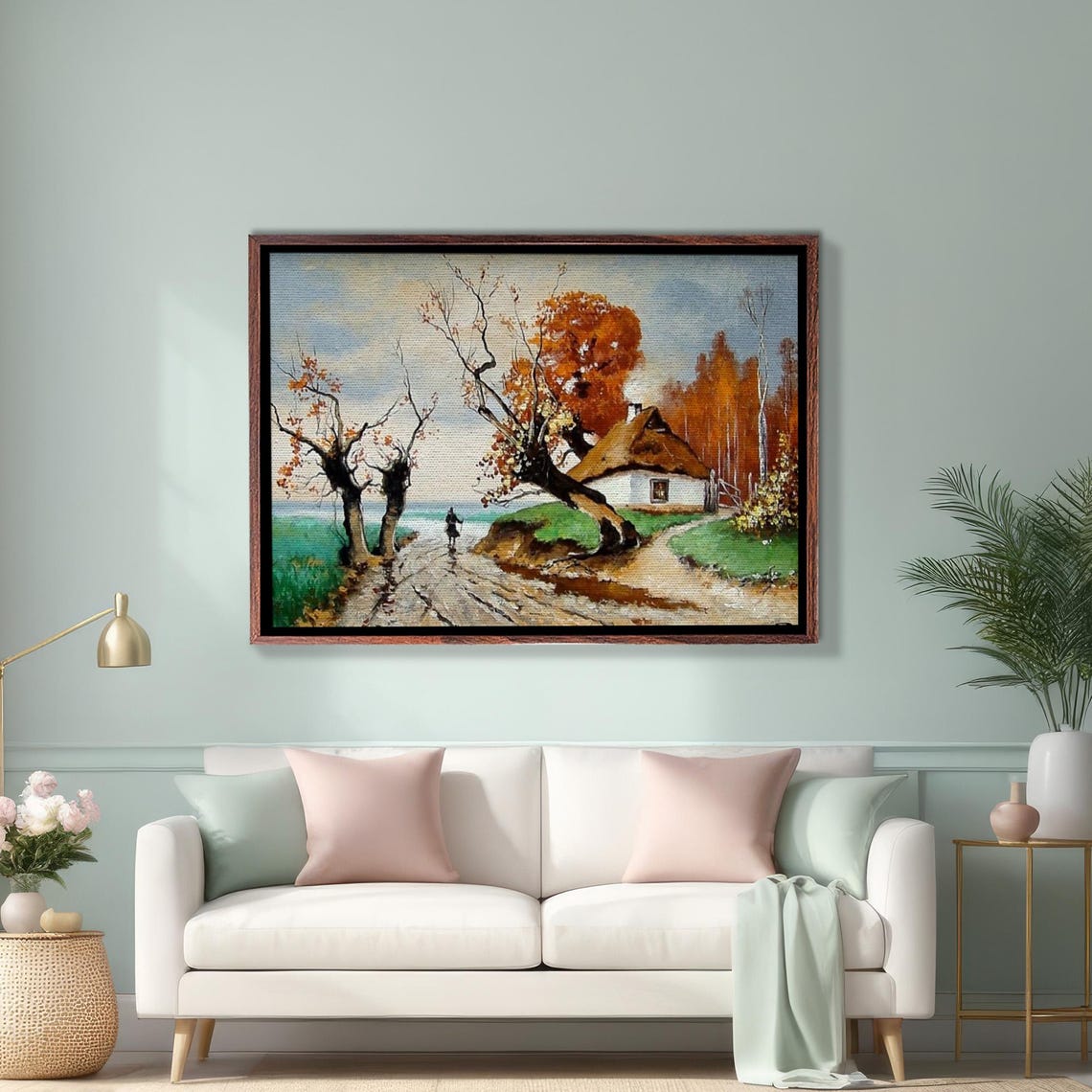 Autumn Village Road Golden Trees White Cottage Landscape Poster