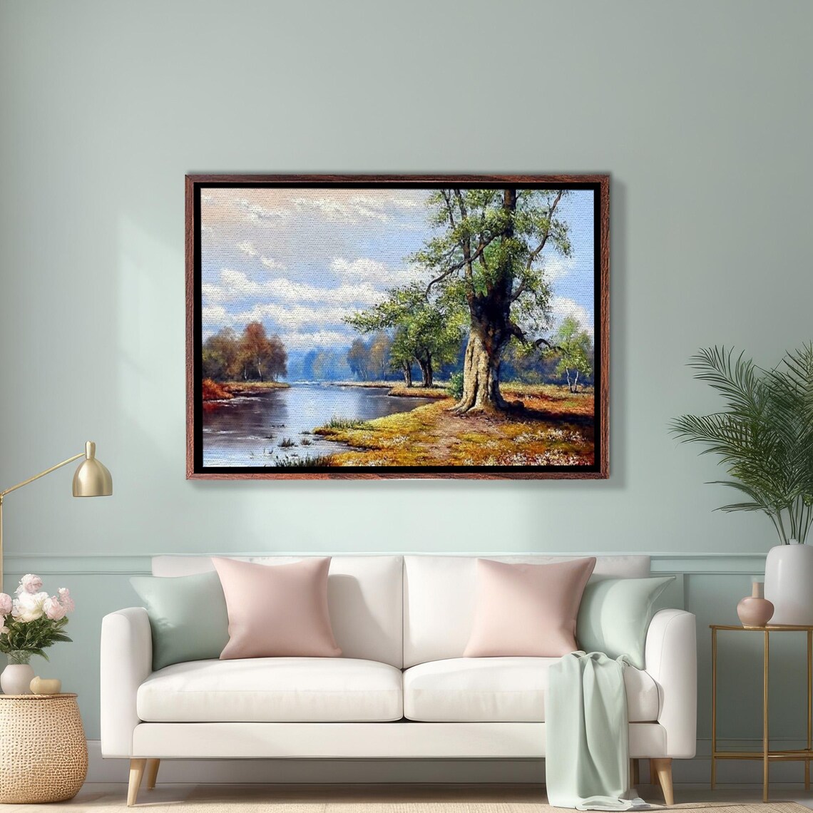 Golden Autumn River Landscape With Large Oak Tree Painting Poster