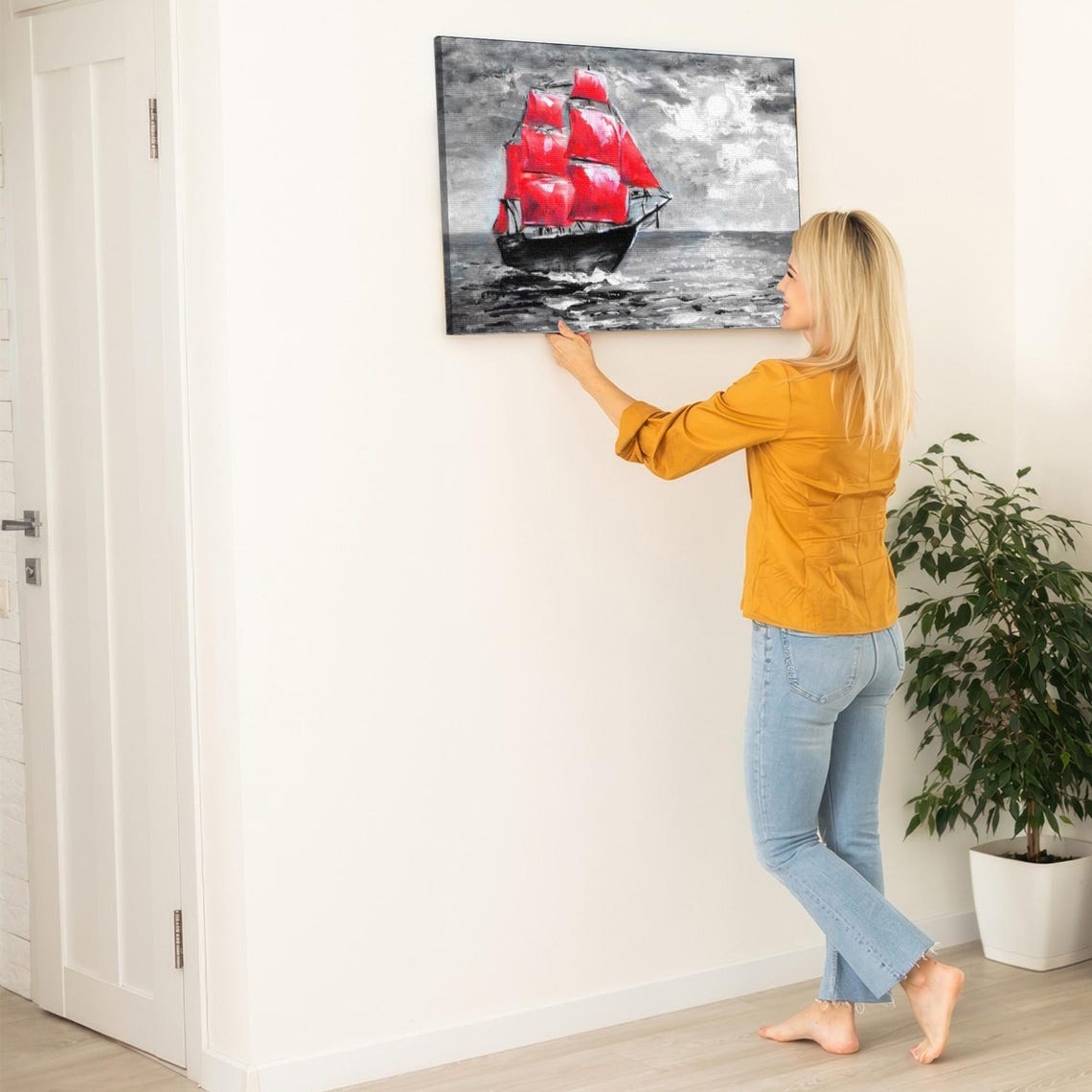 Tall Ship with Vivid Red Sails on Gray Stormy Sea Painting Poster - Image 5
