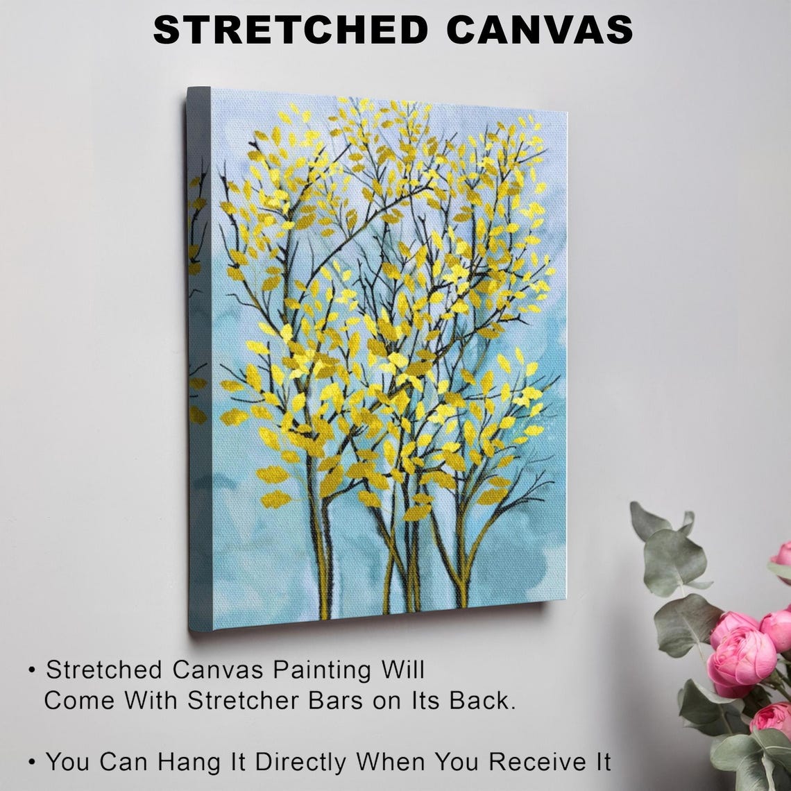 Yellow Leafed Birch Trees Painting on Blue Background Poster - Image 3