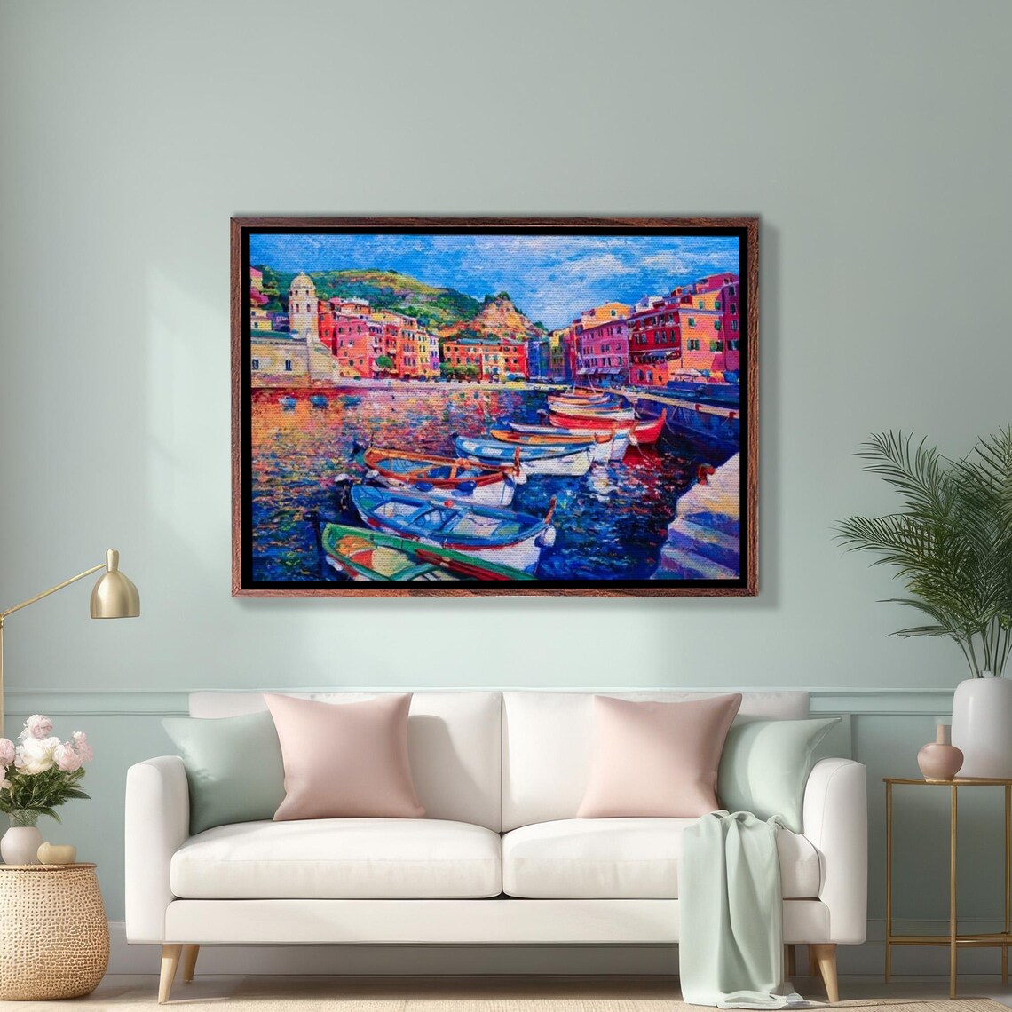 Colorful Coastal Harbor With Boats Italy Painting Scene Poster