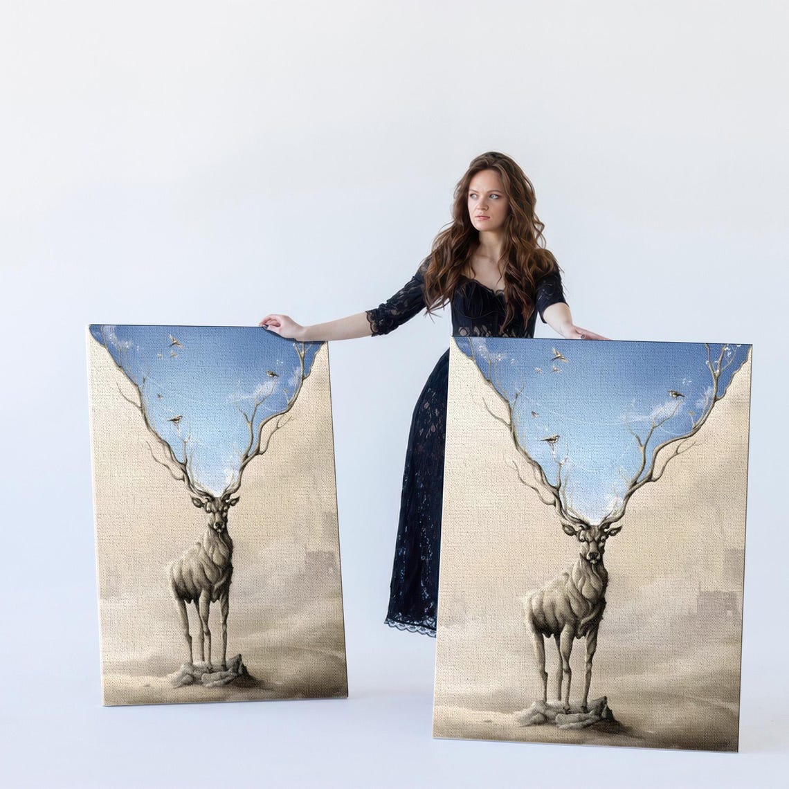 Surreal Deer with Antlers Dissolving into Birds and Blue Sky Poster - Image 5