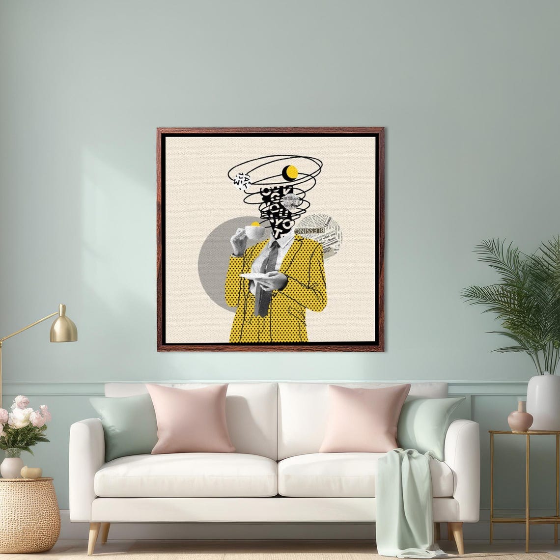 Surreal Pop Art Man in Yellow Polka Dot Suit Drinking Coffee Poster