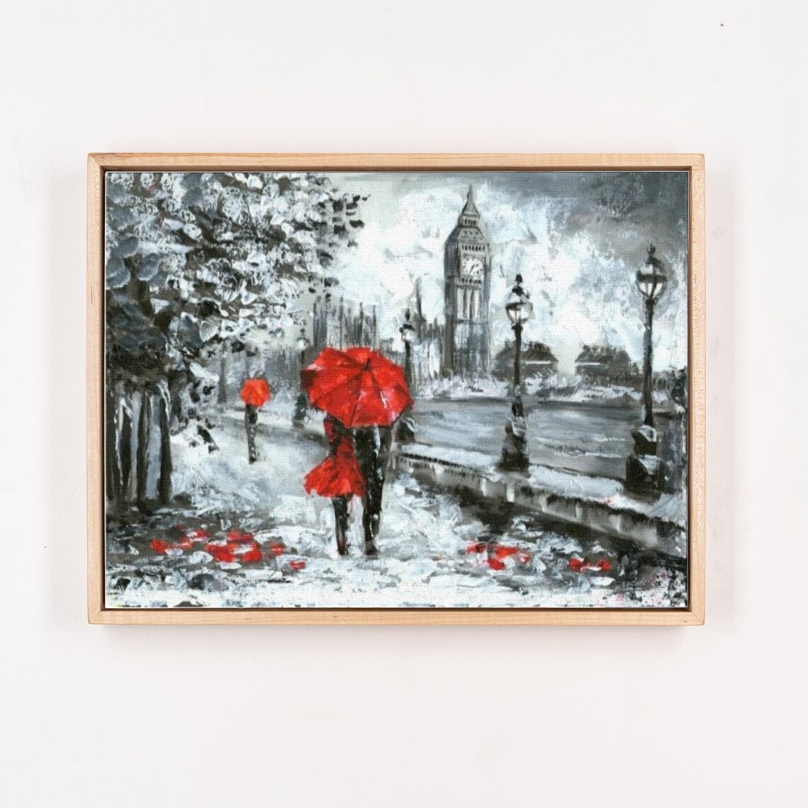 London Big Ben With Red Umbrellas In Rain Street Painting Poster - Image 4