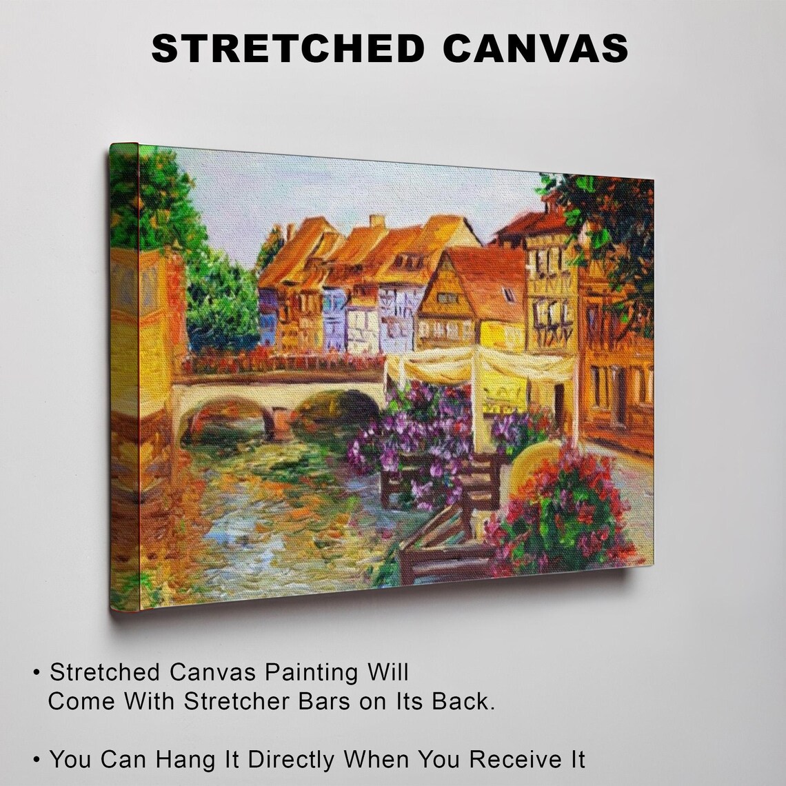 Charming European Old Town Canal Bridge Flower Houses Poster - Image 3