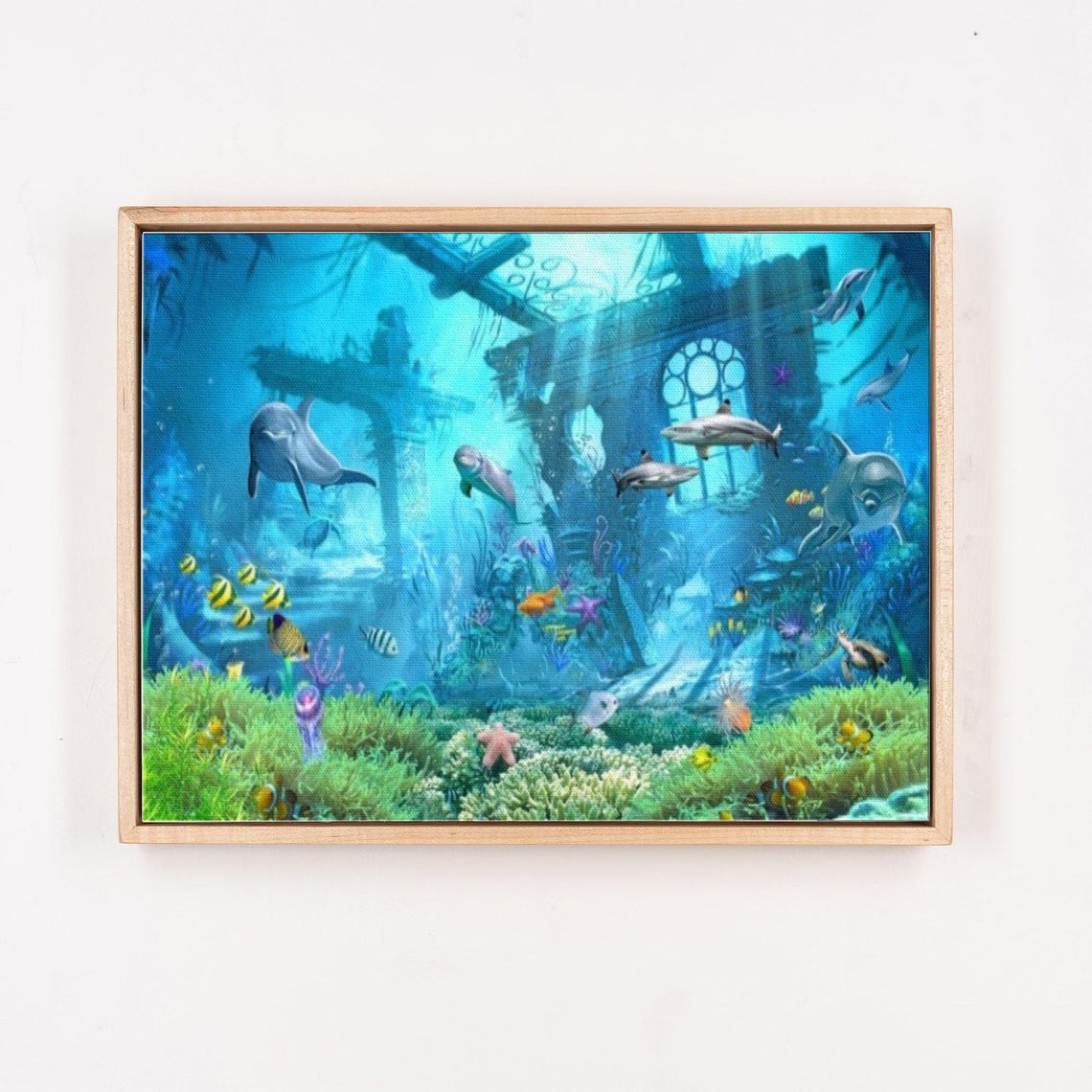 Dolphins Swimming Through Sunken Ancient Ruins Painting Poster - Image 4