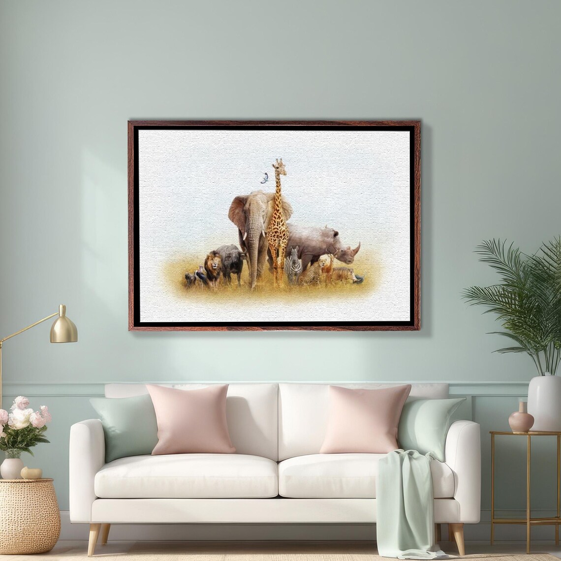 African Safari Animals Elephant Giraffe Lion Watercolor Poster
